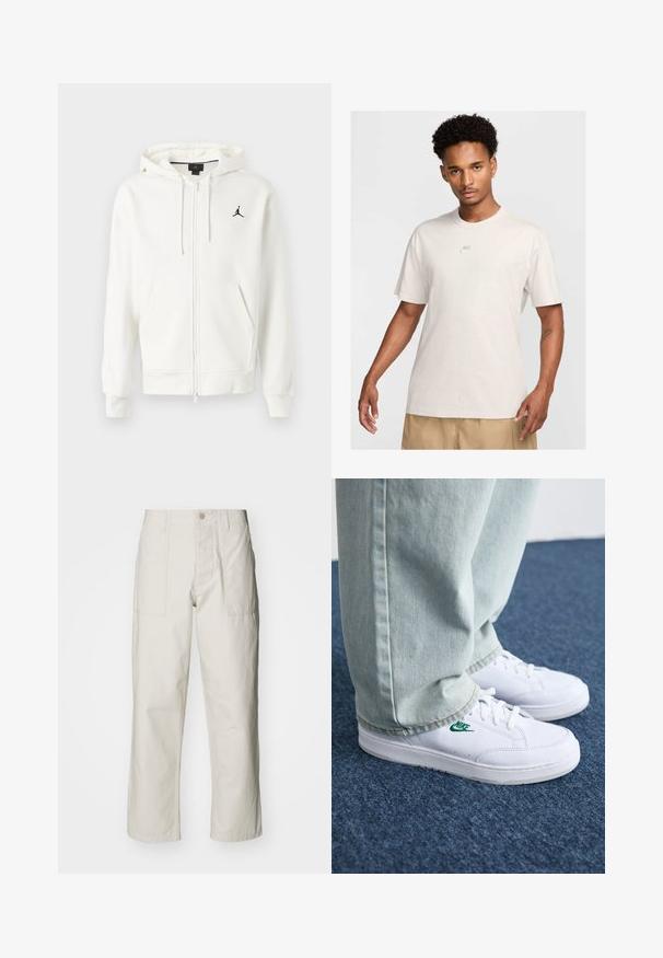 Bela zip-up kapuca s kapuco, sprednjimi žepi, vrvicami in majhnim črnim Jumpman logotipom na levi prsni strani.; Moški s kratkimi kodrastimi lasmi nosi bež Nike majico in khaki kratke hlače, obrnjeni naprej proti enostavni svetli ozadju.; Svetlo bež široke hlače iz bombaža. Imajo sprednje žepe in gumbasto zapiranje. Gladka tekstura z subtilnimi navpičnimi črtami.; Bela usnjena športna obutev z zelenim Nike logotipom, okrogla konica, ravna podplat, v kombinaciji z svetlo modrimi kavbojkami, prikazana na modrem preprogu.