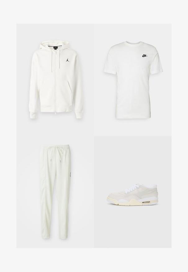 Vit zip-up hoodie med huva, framfickor, dragsnören och liten svart Jumpman-logotyp på vänster bröst.; Vit bomull t-shirt med kort ärm, rund halsringning och en svart Nike-logga på vänster bröstområde. Slät textur och klassisk passform.; Vita slim-fit joggerbyxor med elastisk midja och dragsko, med sidofickor och en liten svart patch på höger ben.; Sneakers med en ljusbeige syntetisk ovandel, vita snörningar och synlig dämpning. Har en slät sula och subtila sidodetaljer.