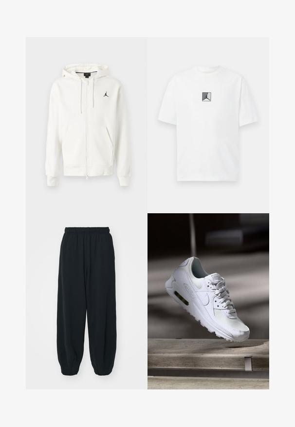 Valge kapuutsiga sulguva eesojaga sviiter, ees taskud, reguleeritavad nöörid ja väike must Jumpmani logo vasakul rinnal.; Valge puuvillane T-särk, millel on keskel must ja hall logo graafika. Klasikaline ümmargune kaelus ja lühikesed varrukad, millel on mugav lõige.; Mustade elastse vöökoha ja laia lõikega dressipüksid, mansetiga sääred, sile tekstuur ning ilma nähtavate mustrite või detailideta.; Valged Nike Air Max 90 sneakers, millel on võrkkangast ja nahast ülemine osa, aukudega varbadosa ning nähtav õhuüksus kandades.