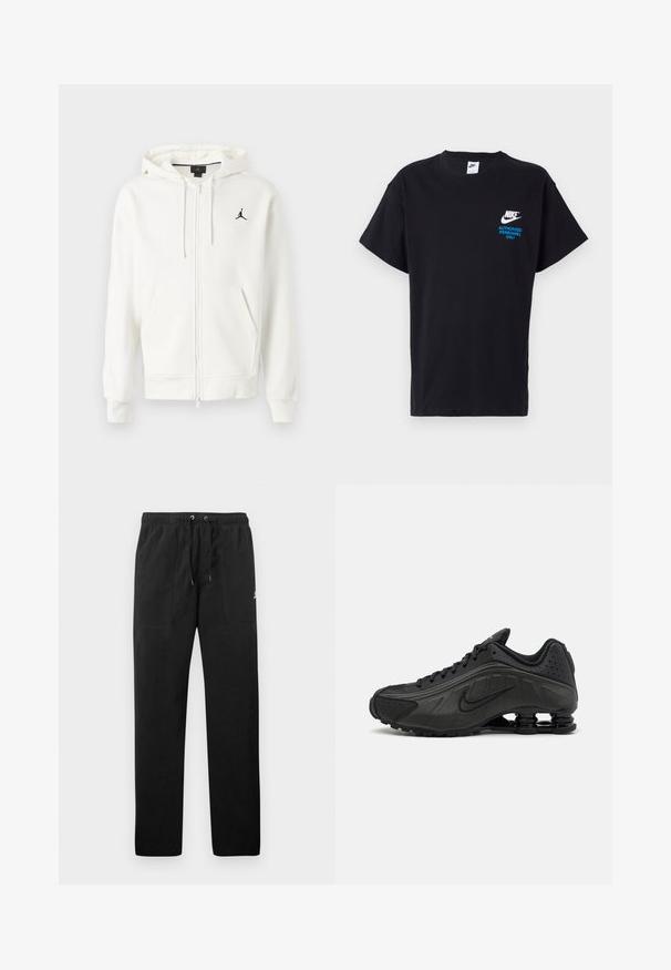 Witte zip-up hoodie met capuchon, voorzakken, trekkoorden en klein zwart Jumpman-logo op de linkerkant van de borst.; Zwarte katoenen t-shirt met korte mouwen, met een wit Nike-logo en blauwe tekst "ENKEL TOEGESTAAN PERSONEEL" op de voorkant.; Zwarte sweatpants van fleece, met een elastische tailleband met trekkoorden, twee voorzakken en een klein logo op de dij.; Zwarte hardloopschoenen met een glad bovenwerk van synthetisch materiaal, geperforeerde accenten, gestructureerde zijpanelen en een opvallende veerkrachtige zool.