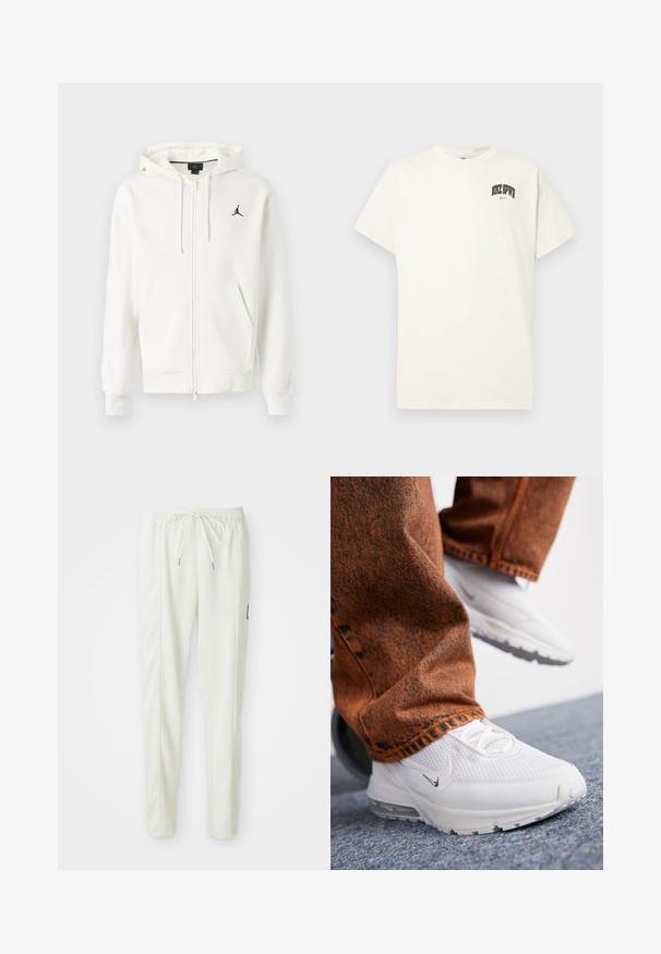 Witte zip-up hoodie met capuchon, voorzakken, trekkoorden en klein zwart Jumpman-logo op de linkerkant van de borst.; Crème-kleurige katoenen T-shirt met korte mouwen, voorzien van "NIKE SB" in zwarte en rode tekst op de borst. Standaard ronde halslijn.; Witte slim-fit joggerbroek met elastische tailleband en trekkoord, met details aan de zijnaad en een klein zwart label op het rechterbeen.; Nike Sportswear PULSE - Sneakers laag - white/summit white