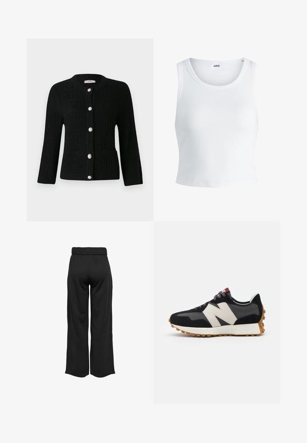 JDY JDYJANNE O NECK CARDIGAN - Kardigan - black; Bílý žebrovaný top na ramínka se kulatým výstřihem, bez rukávů a zkrácenou délkou. Název značky je "JJXX." Hladká struktura látky.; Černé široké kalhoty s elastickým pasem, vyrobené z hladkého materiálu. Disponují čistým designem bez kapes nebo viditelných švů.; Černé a šedé semišové tenisky s velkým krémovým logem "N", fialovými tkaničkami a strukturovanou gumovou podrážkou.