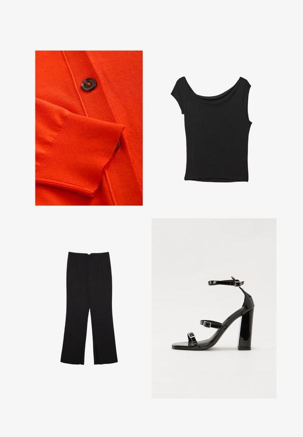Cardigan orange avec une texture douce, des poignets côtelés et un bouton noir avec un accent rouge. Motif tricoté détaillé le long du corps.; Haut noir à manches courtes en tissu lisse ; il présente un col drapé et un ourlet asymétrique, avec un corps ajusté.; Pantalon noir avec une coupe droite, doté de poches avant et d'éclairs sur l'ourlet. Fabriqué en tissu doux et lisse. Convient à diverses occasions.; Sandales à talons vernies noires avec un bout carré, des sangles autour de la cheville et des boucles en argent. Dotées d'un talon bloc épais pour plus de stabilité.