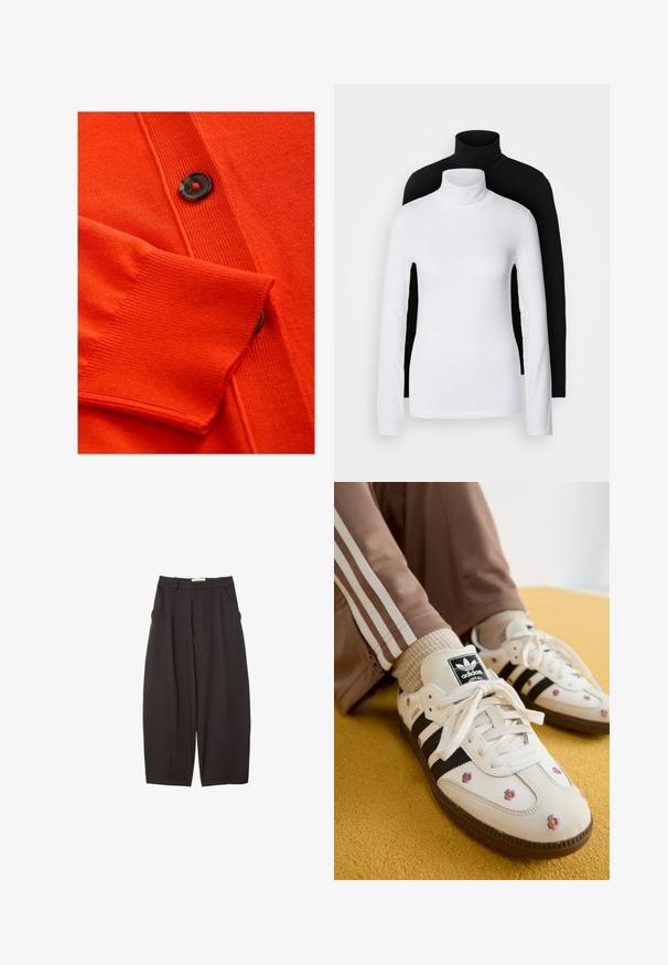 Oranje cardigan met een zachte textuur, geribde manchetten en een zwarte knop met een rode accent. Gedetailleerd breipatroon over het lichaam.; Twee lange mouwen turtleneck tops, één wit en één zwart, gemaakt van een gladde, rekbare stof, beide met een slank passend ontwerp en hoge kraag.; Zwarte wijde broek gemaakt van een gladde stof, met een hoge taille, voorplooien en zijzakken. Eenvoudig ontwerp zonder versieringen.; Witte leren sneakers met drie zwarte strepen en bloemenborduurwerk in paars en geel. Bruine rubberen zool. Gecombineerd met beige geribde sokken.