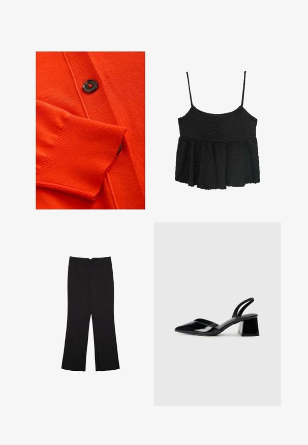 Oranžový kardigán s jemnou textúrou, ryhovanými manžetami a čiernym gombíkom s červeným akcentom. Detailný pletený vzor po celom tele.; Čierny peplum top s tenkými nastaviteľnými ramienkami. Textúrovaná, zvrásnená tkanina, priliehavý korzet, rozšírená dolná časť, bez viditeľného hardvéru alebo vzorov.; Čierne nohavice so strihom rovného strihu, s prednými vreckami a bočnými rozparkami na leme. Vyrobené z mäkkej, hladkej tkaniny. Vhodné na rôzne príležitosti.; Čierne lakované kožené sandálové podpätky s špicatou špičkou a geometrickým blokovým podpätkom. Disponujú elegantným, minimalistickým dizajnom a hladkým povrchom.