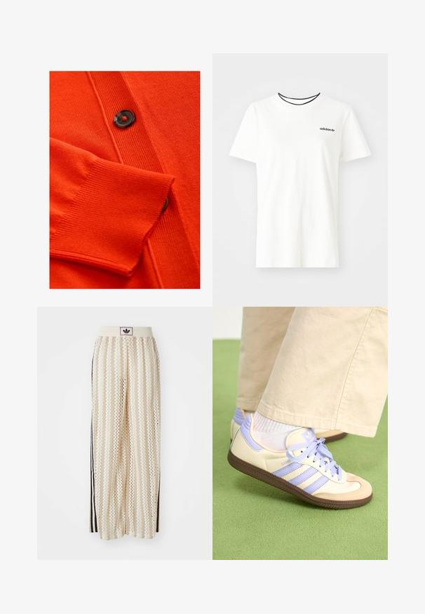 Cardigan arancione con una texture morbida, polsini a coste e un bottone nero con un accento rosso. Motivo a maglia dettagliato lungo il corpo.; T-shirt bianca in cotone con maniche corte e scollatura rotonda. Presenta un logo Adidas nero sul petto e un colletto interno a contrasto nero.; Pantaloni a gamba larga color crema con un motivo a zigzag, dotati di una fascia in vita nera con logo e strisce nere laterali. Tessuto leggero e testurizzato.; Sneakers crema e lavanda con tre strisce e suola marrone texturizzata, dotati di lacci e tallone imbottito. Parte superiore in tessuto morbido.