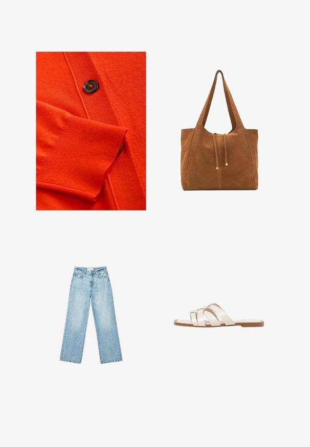 Orange Cardigan mit einer weichen Textur, gerippten Bündchen und einem schwarzen Knopf mit einem roten Akzent. Ausführliches Strickmuster entlang des Körpers.; Weißes Baumwoll-T-Shirt mit rundem Ausschnitt, kurzen Ärmeln und tailliertem Schnitt. Glatte Textur ohne Muster oder Verzierungen.; Helle blaue Denim-Jeans mit weitem Bein und hoher Taille, im lässigen Look mit einem ausgewaschenen Finish und kleinen, verstreuten Used-Effekten.; Flache Sandalen mit einer honigfarbenen Gummisohle, gestaltet mit drei überlappenden weißen Lederriemen und einem kleinen Schleifendetail in der Mitte.; Braune Wildleder-Tasche mit zwei langen Trägern, Zugverschluss und minimalistischem Design. Glatte Textur und keine sichtbaren Hardware-Details.