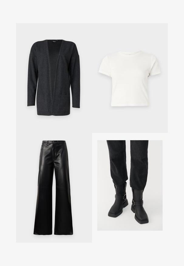 Tmavosivý kardigán vyrobený z jemnej, textúrovanej látky. Otvorený predný dizajn s dlhými rukávmi a dvoma prednými vreckami. Bez zapínania.; Krátke biele tričko vyrobené z bavlny s krátkymi rukávmi, okrúhlym výstrihom a rovnými okrajmi, s hladkou textúrou a minimálnym dizajnom.; Čierne vysokopriestené široké nohavice z umelého kože s predným gombíkom, zipsom, pútkami na opasok a bočnými vreckami na bielom pozadí.; Čierne kožené členkové topánky so štvorcovou špičkou, s širokým remienkom a kovovou sponou. Topánky majú hrubú podrážku a hladký povrch.