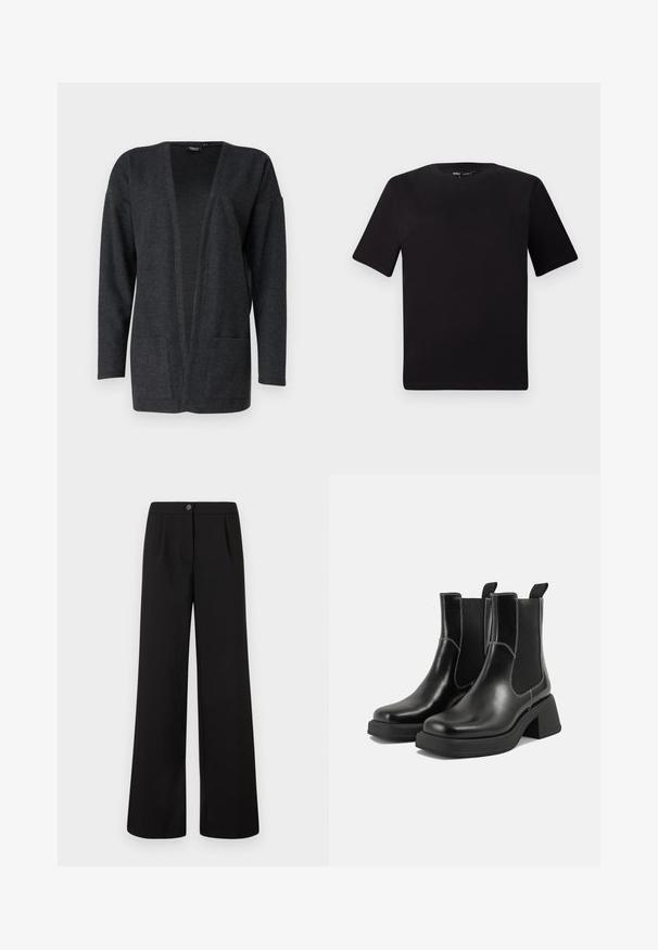 Cardigã cinza escuro feito de um tecido suave e texturizado. Design de frente aberta com mangas longas e dois bolsos frontais. Sem fechos.; T-shirt preta de mangas curtas com decote redondo, feita de tecido de algodão suave. Design simples, sem logótipos ou padrões visíveis.; Calças largas de cintura alta pretas com fecho frontal em botão e zipper, apresentando pregas subtis abaixo da cintura.; Botas Chelsea em couro preto com um salto grosso, painéis laterais elásticos e costura branca em contraste. Acabamento texturizado.
