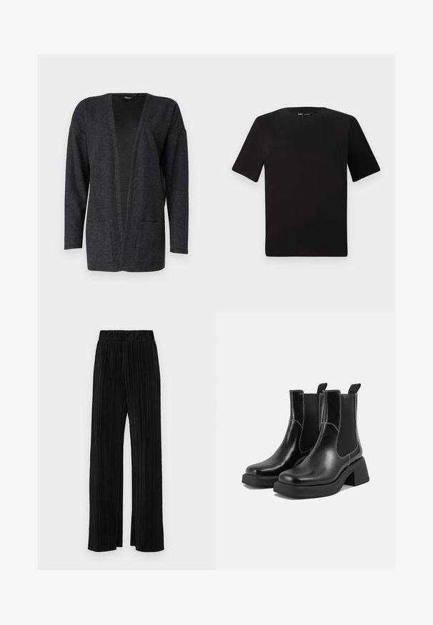 Cardigan gri închis, realizat dintr-un material moale și texturat. Design cu front deschis, cu mâneci lungi și două buzunare frontale. Fără încheieturi.; Tricou scurt negru cu mânecă scurtă și guler rotund, realizat dintr-un material de bumbac moale. Design simplu, fără logo-uri sau modele vizibile.; Pantaloni negri plisati cu talie elastică. Prezintă picioare largi și un material neted, texturat, cu dungi verticale.; Botine Chelsea din piele neagră, cu toc masiv, panouri laterale elastice și cusături albe contrastante. Finisaj texturat.