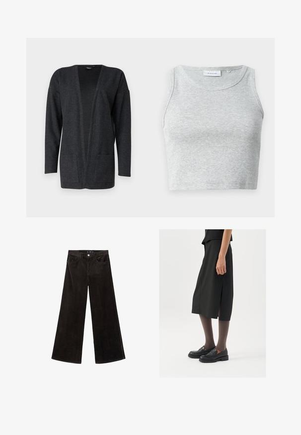 Cardigan gri închis, realizat dintr-un material moale și texturat. Design cu front deschis, cu mâneci lungi și două buzunare frontale. Fără încheieturi.; Top gri cu dungi, cu decolteu rotund și fără mâneci. Textură moale și design ajustat, potrivit pentru opțiuni casual sau pentru a fi purtat în straturi.; Pantaloni negri din corduroy cu picioare largi, talie înaltă, buzunare frontale și un material texturat, având închidere cu nasture și bucle pentru curea.; Fustă neagră până la genunchi cu fenda laterală, asortată cu mocasini negri și ciorapi transparenți maro, având un material fin și un design simplu.