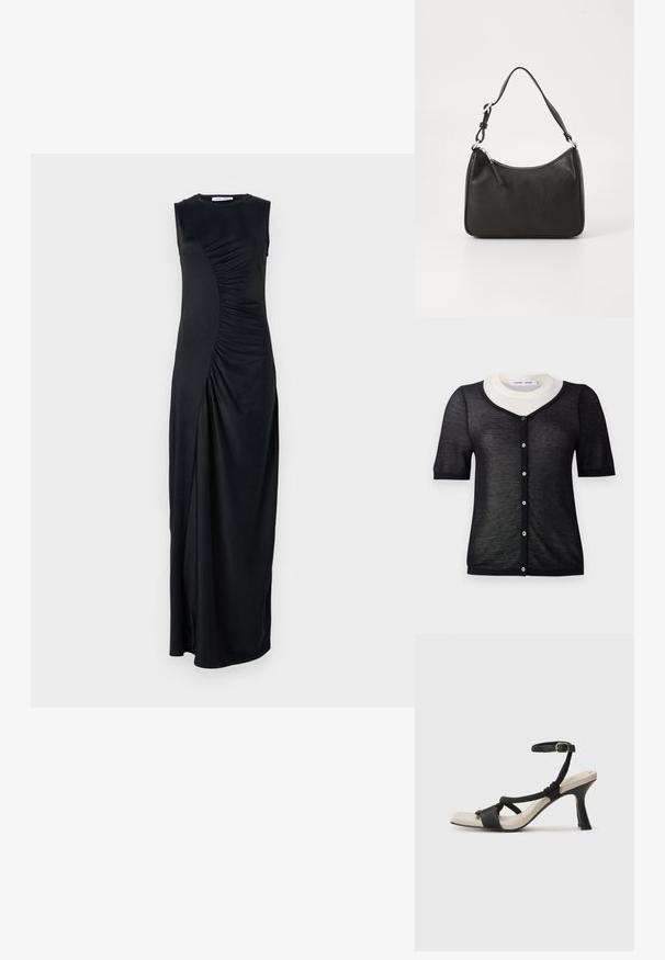 Fekete, rövid ujjú kardigán V-nyakkivágással, könnyű kötött textúrával, kontrasztos fehér gallérral és elől gombos záródással.; Fekete, ujjatlan maxi ruha, drapírozott oldal részletekkel, sima anyagból készült; kerek nyakkivágással és illeszkedő siluettel rendelkezik.; Fekete sarkú szandál fonott pánttal, négyzet alakú orral és állítható bokapánttal. Világos bézs talpbetét fényes fekete sarkával.; Fekete bőrtáska ívelt formával, egyetlen pánttal, cipzáras záródással és diszkrét logóval az elején. Simább textúra, minimalista dizájn.