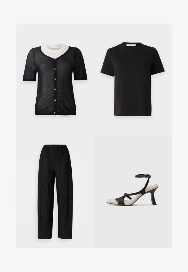 Svart kortermet cardigan med V-hals, med en lett strikketekstur, kontrastfarget hvit krage og frontlukking med knapper.; Svart kortermet t-skjorte laget av myk bomull, med rund hals, avslappet passform og en jevn tekstur. Ingen synlige mønstre eller grafikk.; Svart, pregede bukser med løs midje som har bred benvidde. Stoffet har vertikale folder og en glatt tekstur.; Sorte helårs sandaler med flettet stroppesdesign, firkantet tå og justerbar ankelrem. Lys beige fotseng med glanset svart hæl.