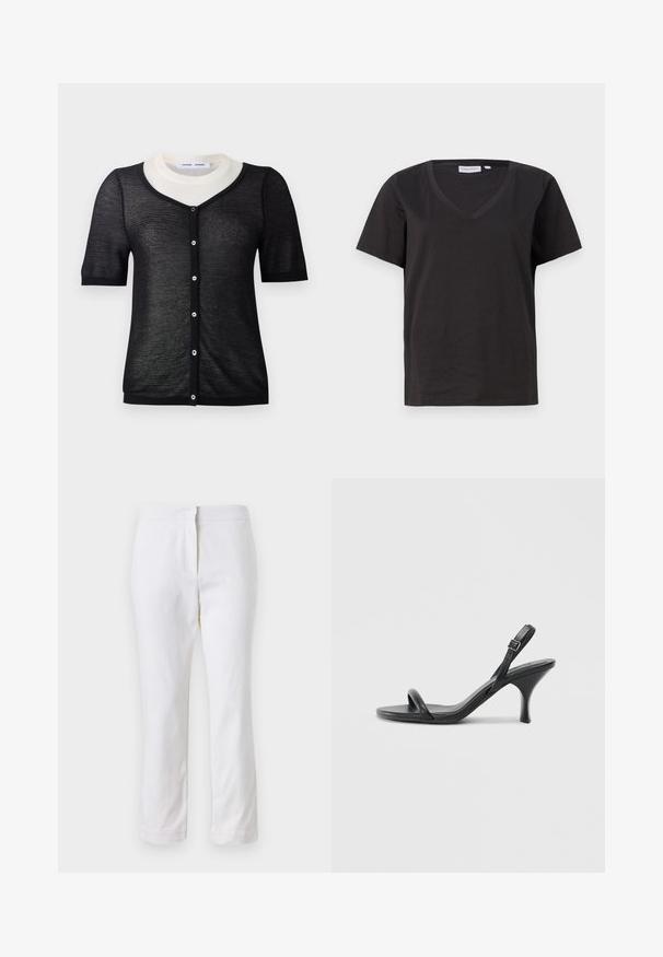 Black short-sleeve cardigan with a V-neckline, featuring a lightweight knit texture, contrasting white collar, and front button closure.; Black cotton T-shirt with a V-neck and short sleeves. Simple design with a regular fit and no patterns or accents.; White cotton pants with a straight leg design, featuring a mid-rise waist and no visible hardware or patterns. Smooth texture throughout.; Black leather high-heeled sandals with a slim, curved heel and a crossed strap design. Adjustable ankle strap. Smooth texture.