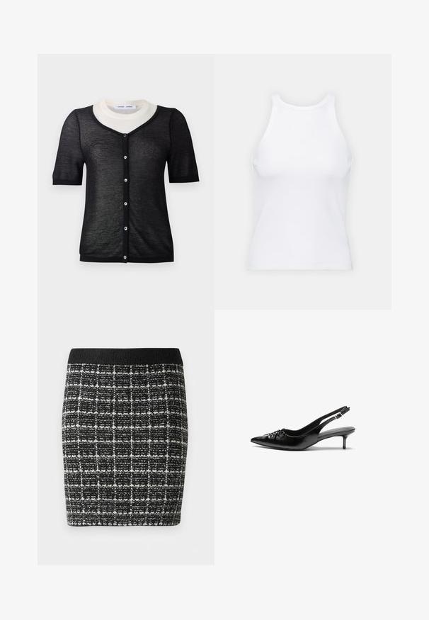 Juodas trumpas rankovėmis kardiganas su V formos kaklu, turintis lengvą mezgimo tekstūrą, kontrastingą baltą apykaklę ir priekinį mygtukų užsegimą.; Baltas be rankovių marškinėlis, pagamintas iš išklotinės medžiagos, su apvaliu iškirpimu ir prigludusia siluetu, minimaliais siūlais ir be dekoracijų.; Juodai-baltos langelių raštas sijonas su tekstūruotu audiniu, su juodu juosmeniu ir prigludusia siluetu.; Juodi odiniai aukštakulniai su dirželiais, smailia nosimi, žemu katinėlio kulniuku ir susitraukiančia detale ant bato viršaus. Lygi tekstūra ir minimalistinis dizainas.