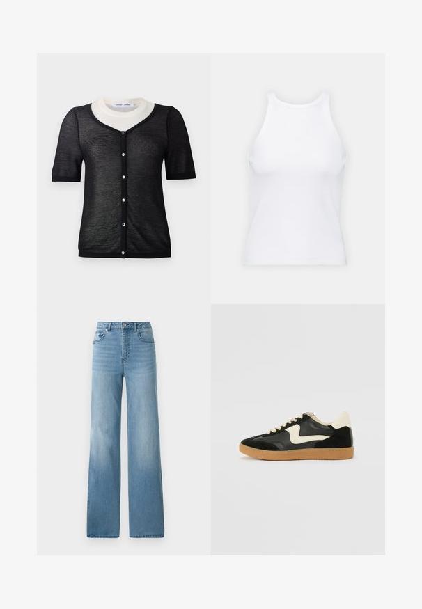 Black short-sleeve cardigan with a V-neckline, featuring a lightweight knit texture, contrasting white collar, and front button closure.; White sleeveless tank top made of ribbed fabric, featuring a rounded neckline and a fitted silhouette, with minimal seams and no embellishments.; Light blue high-waisted jeans with a straight-leg design. Crafted from denim, featuring five pockets and a button-fly closure.; Black suede and leather sneaker with a cream side swoosh and light cream heel. Features beige laces and a gum rubber outsole.