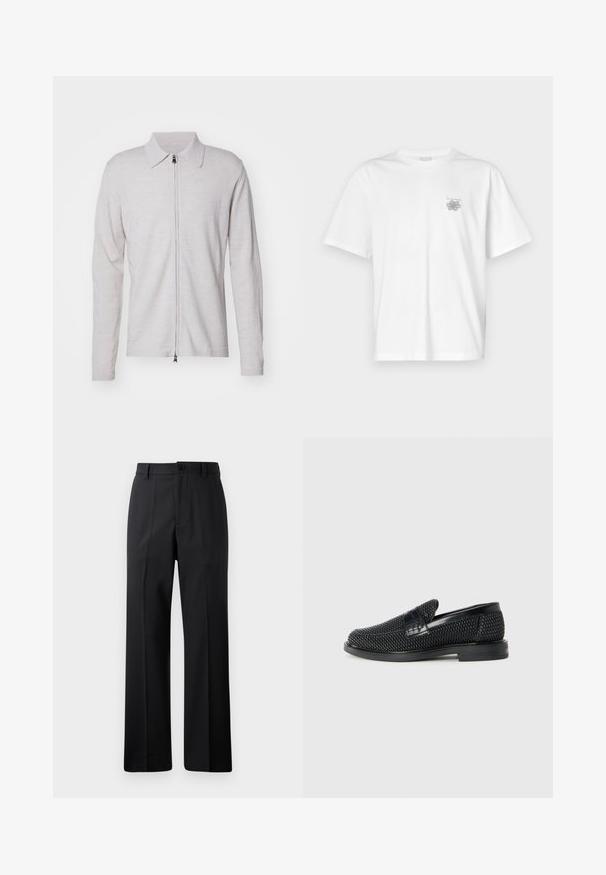 J.LINDEBERG KALEB ZIP - Cardigan - moonbeam melange; White t-shirt made of cotton featuring short sleeves, a crew neck, and a small gray logo on the left chest area. Smooth texture.; Black straight-leg trousers with belt loops, front button, and zipper closure, displayed against a plain white background.; Black woven slip-on shoe with a smooth leather accent on the upper, a round toe design, and a low-profile rubber sole.