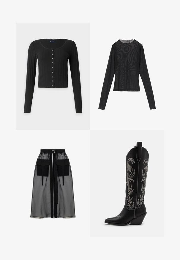 Juodas ilgomis rankovėmis kardiganas, pagamintas iš ribotų audinių, su apvaliu iškirpimu, puošiamas metaliniais mygtukais per visą priekį ir trumpu siluetu.; Juodas ilgomis rankovėmis viršus, pagamintas iš permatomos medžiagos, turi apvalų iškirpimą, priekinį mygtukų užsegimą ir banguotus kraštus ant rankovių.; Juoda permatoma sijonas su surinkta liemene, dviem didelėm priekinėm kišenėm, liemens raišteliu ir apvaliu metaliniu akcentu.; Juodi oda kaubojiški batai su smailiu nosiu, stulpeliu ir sidabriniais siuvinėti gėlių raštais palei šoną. Kontrastingas siuvinėjimas visoje bato dalyje.