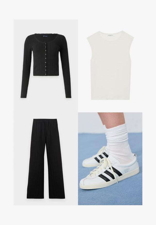 Zwarte langetermijn cardigan gemaakt van ribgebreide stof met een diepe halslijn, voorzien van een rij metalen knopen aan de voorkant en een cropped pasvorm.; Witte mouwloze top met een ronde halslijn. Gemaakt van gladde stof, het heeft een losse pasvorm en een minimalistisch ontwerp. Geen patronen of accenten.; Zwarte wijde broek gemaakt van katoenen stof. Voorzien van een elastische tailleband en een gladde, gestructureerde afwerking. Geen zichtbare patronen of accenten.; Witte leren sneakers met zwarte strepen, crèmekleurige zool en lichtkleurige veters. Draag met witte geribbelde sokken, gepositioneerd op een blauwe achtergrond.
