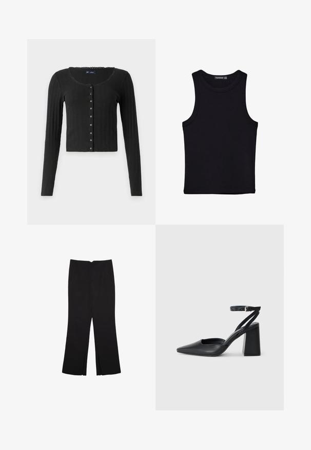 Zwarte langetermijn cardigan gemaakt van ribgebreide stof met een diepe halslijn, voorzien van een rij metalen knopen aan de voorkant en een cropped pasvorm.; Zwarte tanktop gemaakt van katoen, met een ronde halslijn en brede armopeningen. Gladde textuur met gestikte zomen. Klassiek, minimalistisch ontwerp.; Zwarte broek met een rechte pasvorm, voorzien van zijzakken en plooien aan de onderzijde. Gemaakt van zachte, gladde stof. Geschikt voor verschillende gelegenheden.; Zwarte leren puntige pump met een enkelbandje en een chunky hak. Vlakke textuur, strakke vormgeving en minimalistische esthetiek.