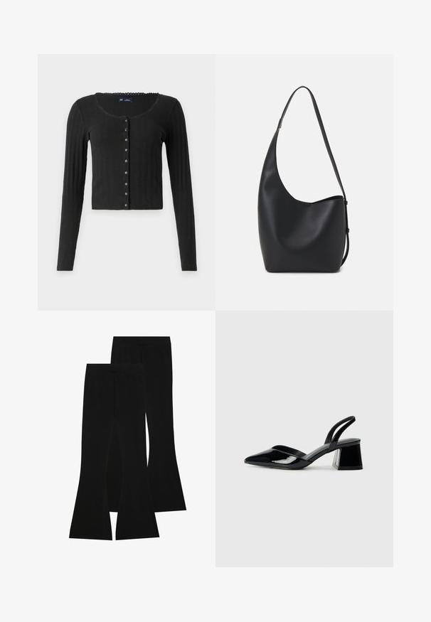 Juodas ilgomis rankovėmis kardiganas, pagamintas iš ribotų audinių, su apvaliu iškirpimu, puošiamas metaliniais mygtukais per visą priekį ir trumpu siluetu.; Juodas medvilninis marškinėliai su trumpomis rankovėmis, virš baltos ilgo rankovio sluoksnio, turinčio subtilų tekstūrinį raštą. Apvalus iškirpimas.; Juodi platėjančių kojų džinsai, pagaminti iš elastingos medžiagos, turintys aukštą liemenį ir lygią tekstūrą, su prigludusia forma, kuri plinta nuo kelio.; Juodos lakuotos odinės šlepetės su smailiu pirštu ir geometriniu bloko kulnu. Turi elegantišką, minimalistinį dizainą ir lygų paviršių.; Juodas odinis hobo maišas su lygiu paviršiumi, kreipta forma ir viena reguliuojama rankena; turi platų atidarymą viršuje.