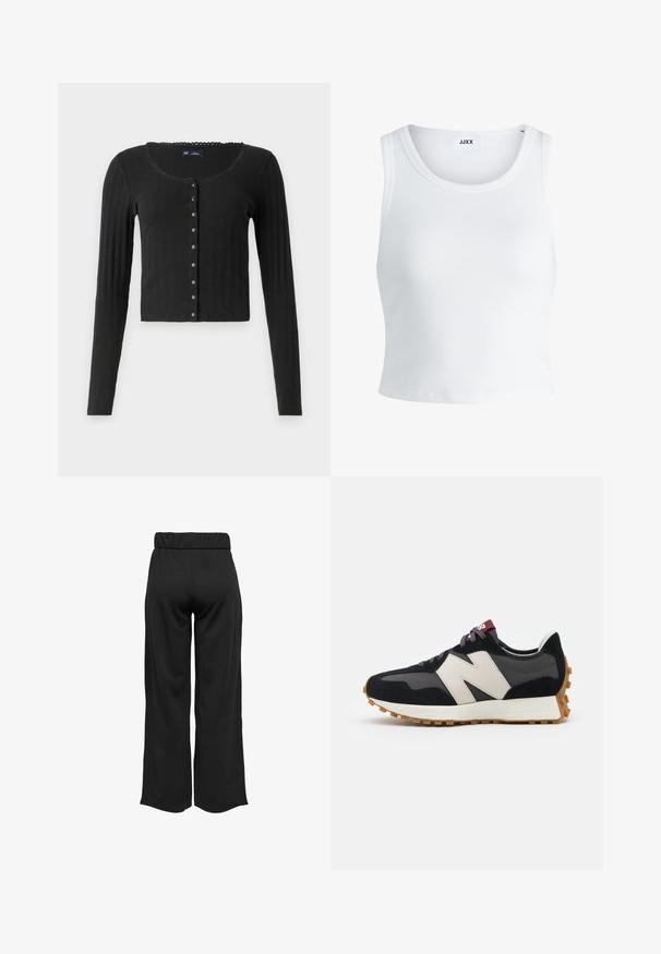 Črna kardigan z dolgimi rokavi iz rebrastega materiala z okroglim izrezom, ki se ponaša z vrsto kovinskih gumbov spredaj in skrajšano prileganjem.; Bela rebrasta majica brez rokavov z okroglim izrezom in krajšo dolžino. Oznaka navaja "JJXX." Gladka tekstura tkanine.; Črne hlače širokega kroja z elastičnim pasom, izdelane iz gladkega materiala. Imajo preprost dizajn brez žepov ali vidnih šivov.; Črne in sive semiš športne copate z velikim kremnim logotipom "N", vijoličastimi vezalkami in teksturiranim gumijastim podplatom.