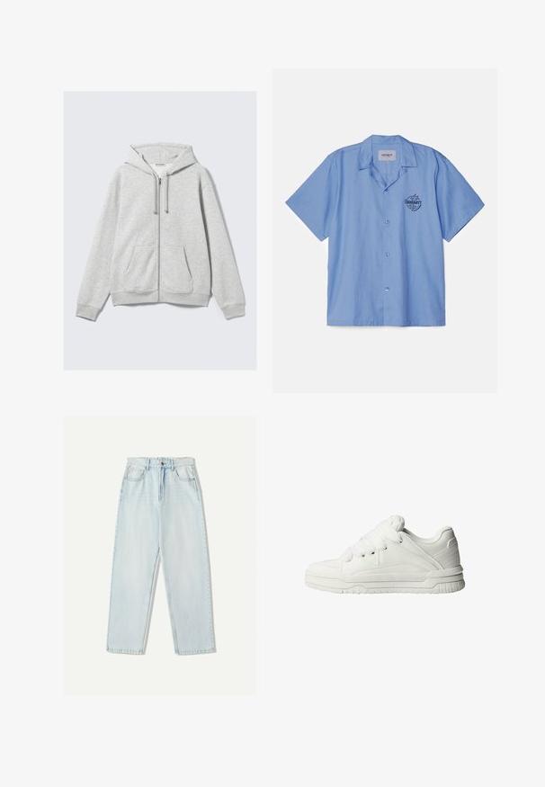 Light gray zip-up hoodie with drawstrings and front pockets, displayed flat against a white background.; Short-sleeve button-up shirt in light blue fabric, featuring a pointed collar and a black logo printed on the left chest area.; Bershka SHORT SLEEVE - Print T-shirt - white; Light blue denim jeans with a relaxed fit, straight leg design, five-pocket styling, and subtle fading on the fabric.; White sneakers with a smooth leather exterior, cushioned tongue, flat laces, and textured accents on the sides and heel.