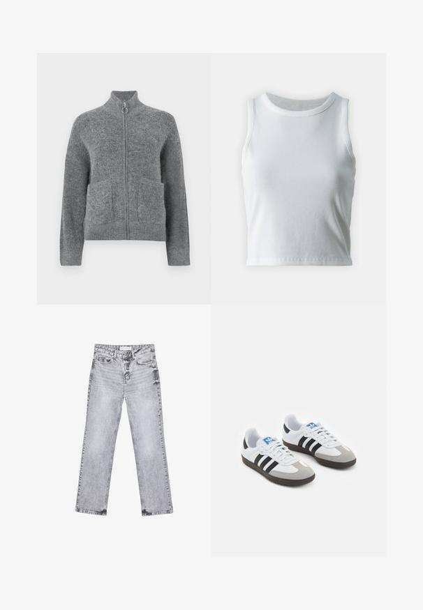 Sivý pletený kardigan s vysokým golierom, zipsom a dvoma prednými vreckami. Má jemnú textúru a rebrované manžety a lem.; Biely rebrovaný top bez rukávov s okrúhlym výstrihom, so strapatým lemom a hladkou, elastickou textúrou.; Šedé džínsy s rovnými nohavicami, s opotrebovaním, piatimi vreckami a meďou pokovovanými nitmi. Pás má štítok s logom.; Športové topánky s bielym koženým zvrškom, šedou semišovou špičkou a tromi čiernymi pruhmi. Obsahujú modré logo na jazyku a štruktúrovanú gumovú podrážku.