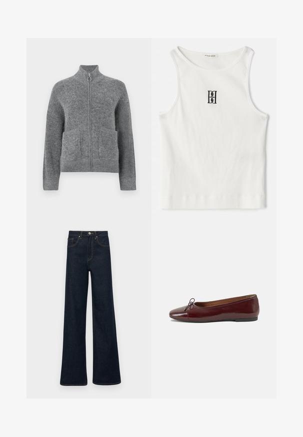 Szürke kötött kardigán magas gallérral, cipzáras záródással és két elülső zsebbel. Puha textúrával és bordás mandzsettákkal, valamint aljjal rendelkezik.; Fehér bordázott ujjatlan póló, melyen a mellkas közepén egy fekete hímzett logó található. A nyakkivágás és az ujjak nyílásai finom szegéllyel vannak ellátva.; Sötétkék, bársonydzsemka széles lábú farmernadrág elülső zsebekkel, övhurkokkal és gombos zárással.; Burgundi lakkbőr balettcipő kerek orral, elöl kis masni díszítéssel és alacsony, fekete gumi talppal. Simára csiszolt felület.