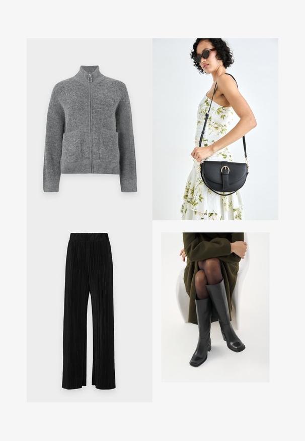 Grijze gebreide cardigan met een hoge kraag, ritsluiting en twee voorzakken. Het heeft een zachte textuur en ribbels bij de mouwen en onderkant.; Zwarte T-shirt met korte mouwen en een ronde hals, gemaakt van zachte katoenstof. Eenvoudig ontwerp, geen zichtbare logo's of patronen.; Zwarte geplooide broek met een elastische tailleband. Beschikt over wijde pijpen en een glad, gestructureerd stof met verticale strepen.; Knieschijf hoge zwarte leren laarzen met een vierkante neus en blokhak, getoond met een model dat zit in een olijfgroene jas. Gladde textuur, minimale details.; Zwarte leren handtas met een gebogen vorm, afneembare schouderband en gouden hardware. De tas heeft een klep met een gespsluiting.