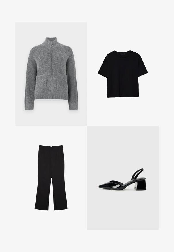 Cardigan in maglia grigio con colletto alto, chiusura a zip e due tasche frontali. Presenta una texture morbida e polsini e orlo a costine.; T-shirt nera a maniche corte in cotone. Presenta un collo rotondo e una vestibilità ampia con una texture liscia e uniforme. Nessun motivo o accento visibile.; Pantaloni neri a gamba dritta, con tasche frontali e spacchi laterali all'orlo. Realizzati in tessuto morbido e liscio. Adatti a diverse occasioni.; Décolleté in vernice nera con punta affusolata e tacco in geometria cubica. Presentano un design elegante e minimalista, con una texture liscia.
