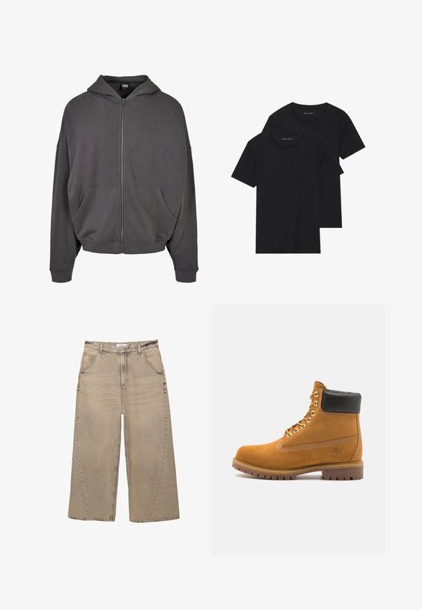 Siva zip-up kapuca z značkami za zategovanje, sprednjimi žepi, širšimi rokavi ter rebrastimi manšeti in robom. Gladka tekstura blaga.; Dve črne bombažne majice s kratkimi rokavi, okroglimi ovratniki in gladko teksturo, prikazane zložene skupaj.; PULL&BEAR MEGA BAGGY - Vrečaste kavbojke - light grey; Svetlo rjave anklne čizme iz semiša z črnim oblazinjenim ovratnikom, zlatimi kovinskimi očesci, belimi šivi in robustnim gumijastim podplatom s izrazitimi tredi.