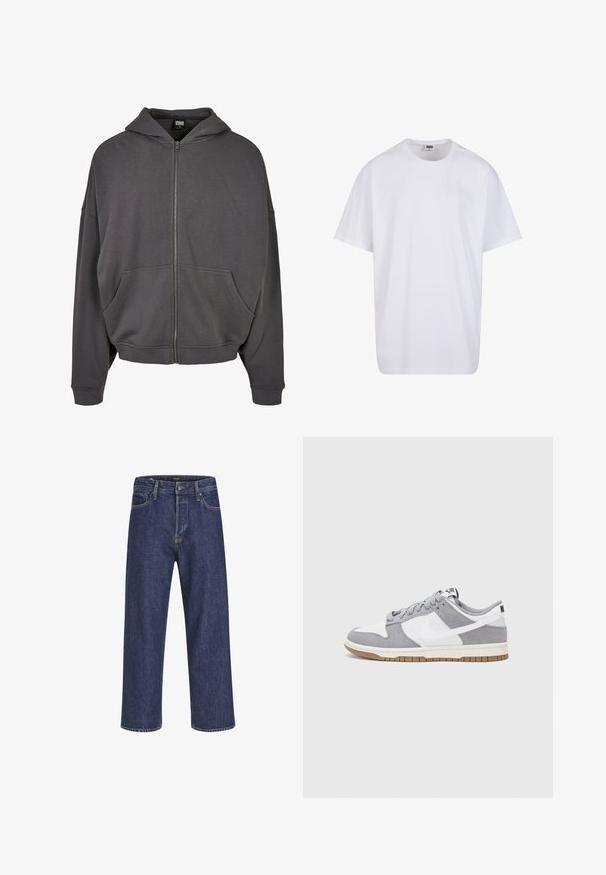 Grijze zip-up hoodie met een trekkoordcapuchon, zakken aan de voorkant, brede mouwen en ribgebreide boorden en hem. Soepele stofstructuur.; Witte katoenen t-shirt met korte mouwen, ronde hals, relaxte pasvorm en zonder zichtbare logo's of patronen. Gladde textuur en minimalistisch ontwerp.; Donkerblauwe spijkerbroek met een rechte snit, vijf zakken, een metalen knoopsluiting en contrasterende stiksels, met een subtiele textuur.; Nike sneakers hebben een bovenzijde van grijs suède en wit leer met perforaties, ronde veters en een gum zool voor grip.