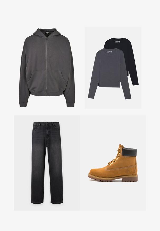 Felpa grigia con zip, dotata di cappuccio regolabile con cordini, tasche frontali, maniche ampie e polsini e fondo a coste. Tessuto dalla consistenza morbida.; YOURTURN 2 PACK UNISEX - Maglietta a manica lunga - dark grey/black; Jeans in denim grigio scuro con un design a gamba dritta, dotati di zip, cinque tasche e dettagli di sbiadimento sottili sul tessuto.; Stivale alla caviglia in suede tan con collare imbottito nero, occhielli in metallo dorato, dettagli in cucitura bianca e suola in gomma robusta con battistrada pronunciato.