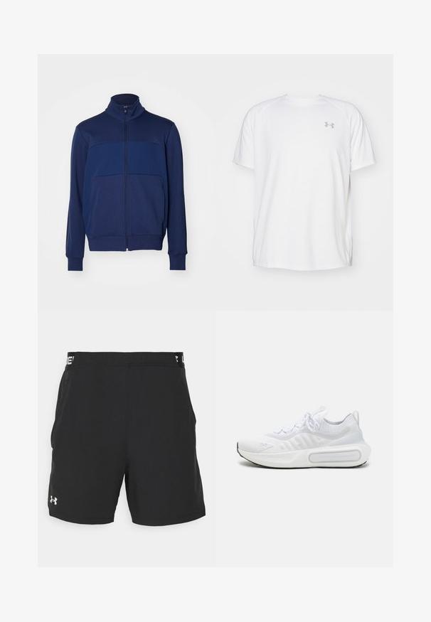 Navy zip-up jacket with high collar, featuring an accented design and smooth texture. Long sleeves with ribbed cuffs.; White short-sleeve athletic shirt made of smooth fabric. Features a crew neck and gray logo on the left chest, with side slits at the hem.; Black athletic shorts with an elastic waistband featuring white branding. Made from lightweight material with a smooth texture and no visible patterns.; White athletic shoe with a textured knit upper, lace-up closure, cushioned sole, and a distinctive branding detail on the side.