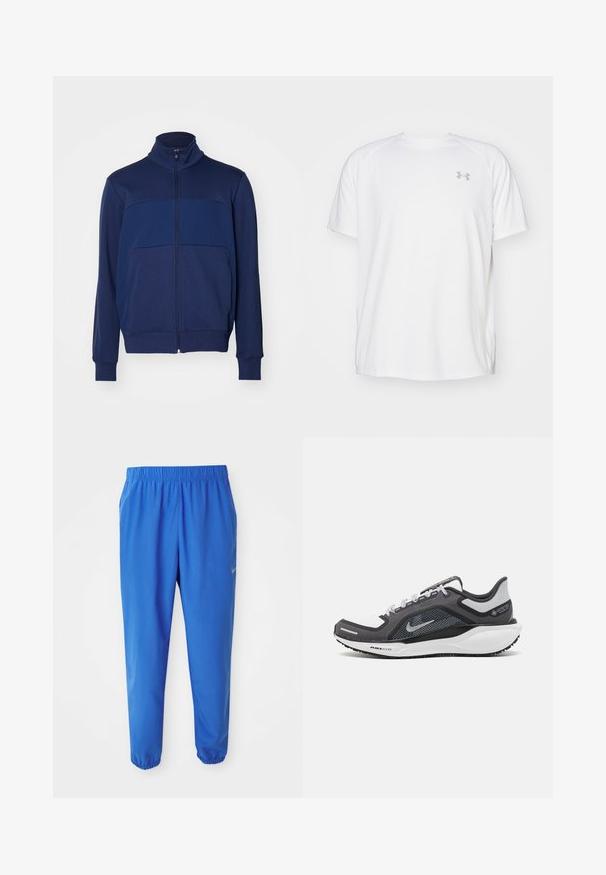 Jūras spēku zippaka ar augstu apkakli, ar akcentētu dizainu un gludu tekstūru. Garas piedurknes ar ribotiem aprocēm.; Baltas īsajiem piedurknēm sporta krekls, izgatavots no gludas auduma. Tam ir apaļa kakla izgriezums un pelēks logo uz kreisās krūtis, kā arī sānu šķēlumi apakšmalā.; Zili zili svārki ar elastīgu jostasvietu, taisnas kāju dizainu un sašaurinātām piedurknēm. Ar Nike zīmolu zeltā kreisajā pusē.; Melnas un pelēkas sporta kurpes ar tīklu augšdaļu, atstarojošiem akcentiem un baltu starpzoli. Aprīkotas ar teksturētu gumijas zoli un šņorēm.