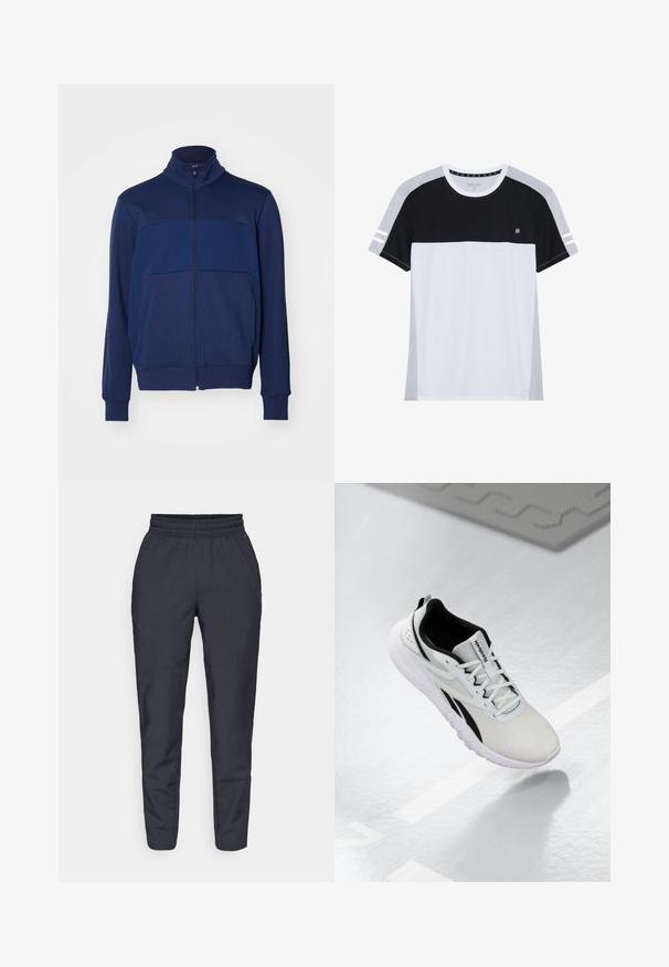Σακάκι της ναυτικής σε σκούρο μπλε χρώμα με ψηλό γιακά, διαθέτοντας εντυπωσιακό σχέδιο και λείο υλικό. Μακριά μανίκια με ribbed μανσέτες.; T-shirt κοντομάνικο με μαύρο επάνω μέρος, λευκό μέσο και γκρίζο κάτω μέρος. Περιλαμβάνει ριγέ λεπτομέρειες στα μανίκια. Μαλακό ύφασμα.; Ναυτικές tapered παντελόνες από μαλακό ύφασμα, με ελαστική μέση, πλαϊνές τσέπες και λεία υφή με διακριτές ραφές.; Αθλητικό παπούτσι σε ανοιχτό γκρι χρώμα με μαύρες λεπτομέρειες, επάνω μέρος από υφασμάτινη πλέξη με υφή, μαξιλαρωτή σόλα και σχέδιο με κορδόνια. Διαθέτει θηλιά στην φτέρνα.