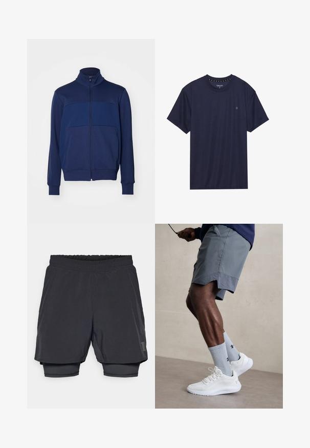 Marineblå zip-jakke med høy krage, med et aksentert design og glatt tekstur. Lange ermer med ribbet mansjetter.; Navy blå T-skjorte med korte ermer laget av mykt stoff, med rund hals og en liten logo på venstre bryst.; Svartidrettsshorts med elastisk midje, lagdelt design og tettsittende indre fôr. Har en subtil logo på den nedre siden.; Hvite treningssko med teksturert mesh-overdel, kombinert med lyseblå ribbestrikkede sokker med logo. Grå treningsshorts med perforert kant.