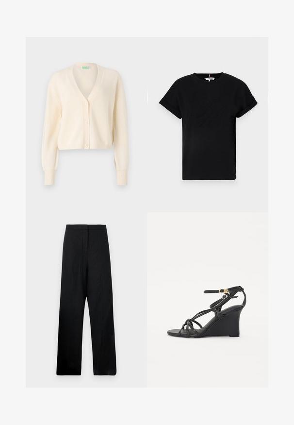 Cremefarbener, verkürzter Cardigan mit V-Ausschnitt, fünf Knöpfen und gerippten Bündchen. Hergestellt aus weichem Strickstoff.; Schwarzes Baumwoll-T-Shirt mit umgeschlagenen kurzen Ärmeln, mit einem eingeprägten Logo in der Mitte und einem kleinen Flaggenakzent an der Seite.; Schwarze weite Hose aus leichtem Stoff. Hat eine glatte Textur, eine hohe Taille und minimale Nähte.; Schwarze Keilsandalen mit dünnen, gekreuzten Riemen und einem verstellbaren Knöchelriemen mit einer goldenen Schnalle. Glattes Lederfinish.
