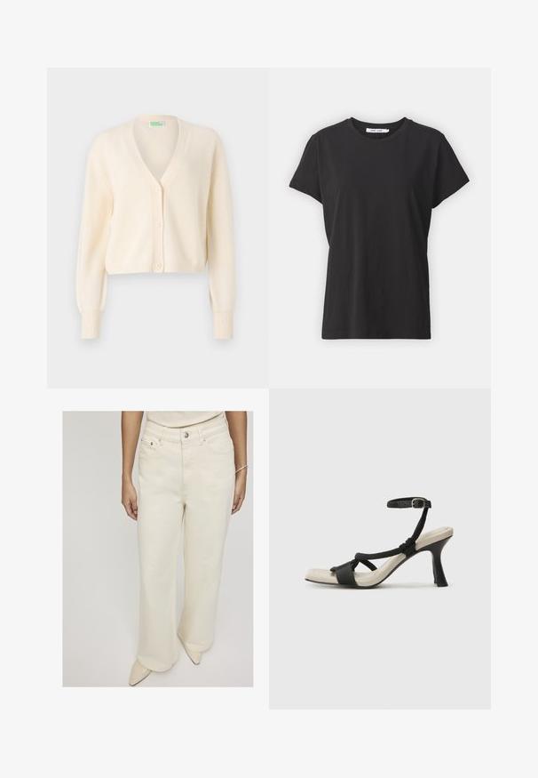 Cardigan court couleur crème avec un col en V, cinq boutons à l'avant et des poignets côtelés. Fabriqué en tissu tricoté doux.; T-shirt en coton noir avec un col rond classique, des manches courtes et une coupe décontractée. Texture lisse, sans motifs ni accents visibles.; Jeans évasés de couleur crème en denim, dotés d'une taille haute, de poches avant et d'une fermeture à bouton unique pour un ajustement décontracté.; Sandale à talon noir avec un design de brides tressées, bout carré et bride de cheville réglable. Semelle intérieure beige claire avec un talon noir brillant.