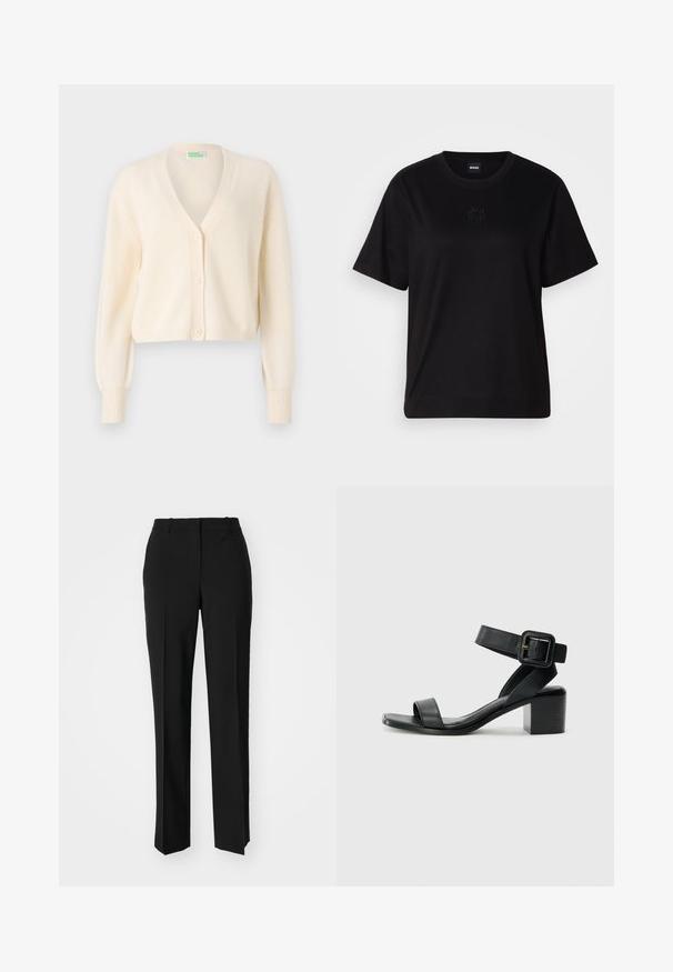 Cream-colored cropped cardigan with a V-neck, five button front, and ribbed cuffs. Made from soft knit fabric.; Black cotton t-shirt with a crew neckline, short sleeves, and an embroidered logo on the chest. Simple, relaxed fit with no patterns.; Black tailored trousers with a straight-leg design, featuring a smooth texture and crisp creases along the front. No visible hardware.; Black leather heeled sandal with adjustable ankle strap, open toe design, and a square block heel. Smooth texture, minimalistic style.