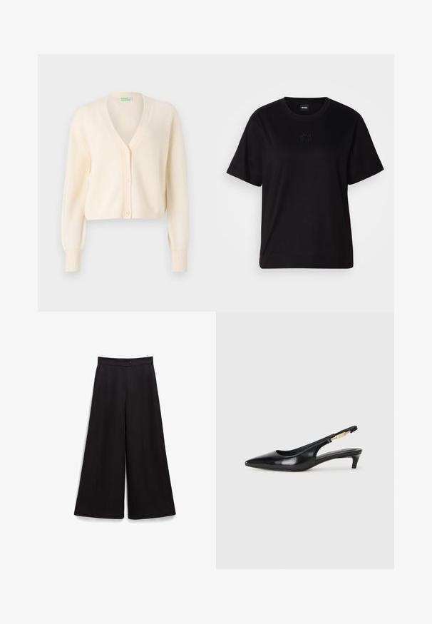 Cardigan court couleur crème avec un col en V, cinq boutons à l'avant et des poignets côtelés. Fabriqué en tissu tricoté doux.; T-shirt en coton noir avec un col rond, des manches courtes et un logo brodé sur la poitrine. Coupe simple et décontractée sans motifs.; Pantalons larges noirs avec une texture lisse, une fermeture à bouton à la taille et une coupe décontractée. Pas de motifs ni d'accents visibles.; Talons hauts en cuir noir avec un bout pointu, dotés d'un talon fin et d'un accent en ton or sur la lanière réglable. Texture lisse.