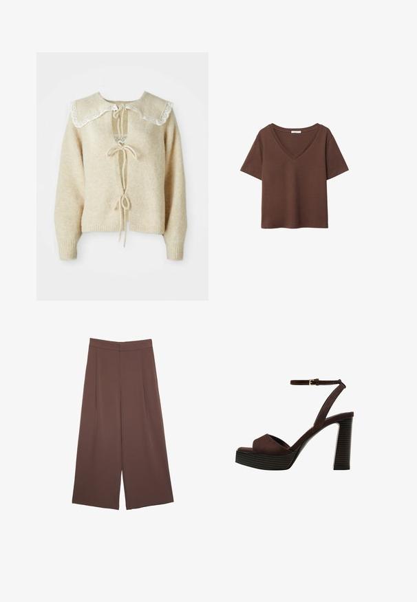 Kremowy kardigan z szerokim kołnierzem wykończonym koronką, dekoltem w kształcie V oraz wiązaniami z przodu i przy mankietach. Miękka tekstura.; Brązowy bawełniany t-shirt z krótkimi rękawami i głębokim dekoltem w kształcie litery V. Prosty design, miękka faktura i prosty krój u dołu. Brak wzorów i akcentów.; Brązowe spodnie o szerokich nogawkach z gładką fakturą, z wysokim stanem i plisami z przodu. Materiał jest lekki i luźno opada.; Brązowe zamszowe sandały na wysokim obcasie z odkrytymi palcami, regulowanym paskiem na kostce i paskowatą podeszwą.