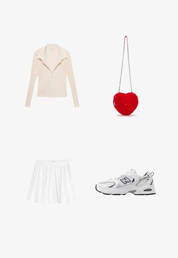 Lichtbeige geribde lange mouwen cardigan met een brede kraag en een rits aan de voorkant. Zachte textuur, getailleerd ontwerp en geen zichtbare versieringen.; Witte, geknipte t-shirt gemaakt van ribbelstof. Heeft korte mouwen met uitgerafelde randen en een ronde halslijn met een ruchesdetail.; Witte, uitlopende rok van lichtgewicht stof met een elastische tailleband. Heeft een geplooid ontwerp voor volume en vloeiendheid.; Witte sport schoen met mesh bovenkant, marineblauwe accenten en een gehoorzaamde zool. Bevat het "N" logo, veters en een gestructureerde detail aan de zijkant.; Rode hartvormige handtas met een zachte, pluizige textuur, zilveren kettingriem en een eraan bevestigd hangertje. Kenmerkt zich door een opvallend pompon-detail.