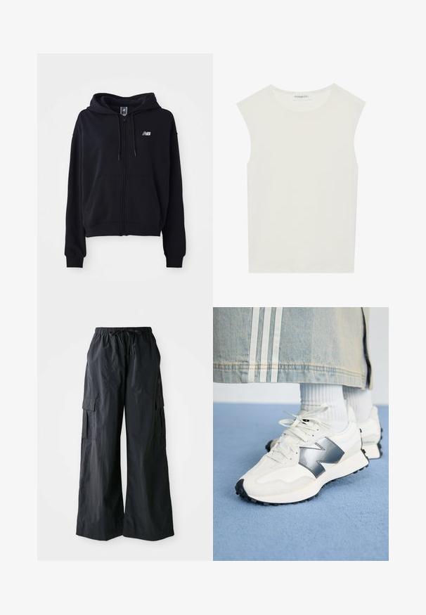 Černá mikina na zip vyrobená z měkkého materiálu, s klokankou, kapucí na stahování a malým reflexním logem na hrudi.; Bílý bezrukávový top s kulatým výstřihem. Vyroben z hladkého materiálu, má volný střih a minimalistický design. Bez vzorů nebo akcentů.; Černé cargo kalhoty vyrobené z lehké tkaniny, s širokým střihem, elastickým pasem a několika bočními kapsami. Jednoduché a funkční.; Bílé sportovní tenisky se stříbrným akcentem, texturovanou tkaninou a hladkou kůží; mají černou gumovou podrážku a tkaničky.
