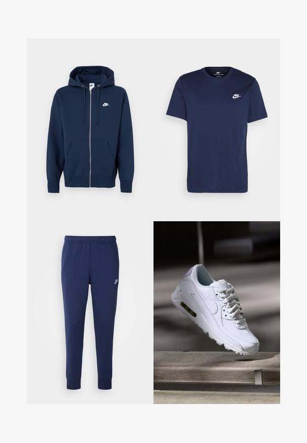 Tamno modra zip-up kapuca s prednjim žepom, nastavljivimi vrvicami in belim Nike logotipom na levem prsnem delu. Mehka, teksturirana tkanina.; Temno modra bombažna majica s krojem okroglega izreza in kratkimi rokavi. Ima belo Nikejevo oznako na levi strani prsnega koša in ravno spodnje rob.; Temno modre Nike trenerke iz mehkega bombažnega materiala, z elastičnim pasom, zoženimi hlačnicami in majhnim belim logotipom na strani.; Bela usnjena teniska obutev s teksturiranimi površinami, podloženim ovratnikom in vidnim zračnim blaženjem v podplatu. Vsebuje vezalke in minimalističen dizajn.