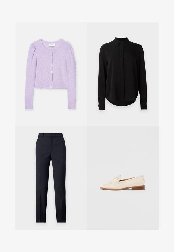 Lilla lühike kardigan pikkade varrukatega, valmistatud pehmest materjalist. Omab ümmargust kaelaauku, nup closure ja soonikkoes mansette ja alla.; Mustmustärgne, pikkade varrukatega pluus terava kraega, varjatud nööpide ridadega ja kõverate servadega, valge tausta ees.; Tumed kohandatud püksid sirge lõikega, millel on sile tekstuur, kaks esist taskut ja puhas vöökoht.; Beežist nahast jalats, millel on tekstuuriga pealne, dekoratiivne rihm ja väike konts. Iseloomustab minimalistlik disain ja peen logo detail.