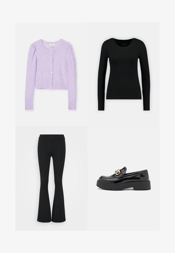 Lilac cropped cardigan with long sleeves, made of soft material. Features a round neckline, button closure, and ribbed cuffs and hem.; Black long-sleeve shirt made of ribbed fabric. Features a round neckline and fitted silhouette. Simple design without patterns or accents.; Black flared pants made of stretchy fabric, featuring a high waistband and a smooth texture. The pants flare out from the knee.; Black patent leather loafers with a chunky black sole and gold hardware detailing. Smooth texture and rounded toe design.