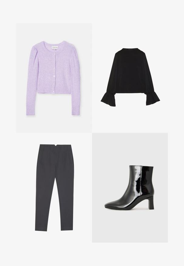 Lilac cropped cardigan with long sleeves, made of soft material. Features a round neckline, button closure, and ribbed cuffs and hem.; Black long-sleeve top featuring flared cuffs, soft texture, and a relaxed fit, with a simple round neckline.; Dark gray tapered trousers with side pockets and front pleats, designed for a tailored fit.; Black patent leather ankle boot with a pointed toe and a mid-height block heel. Smooth texture and minimalist design.