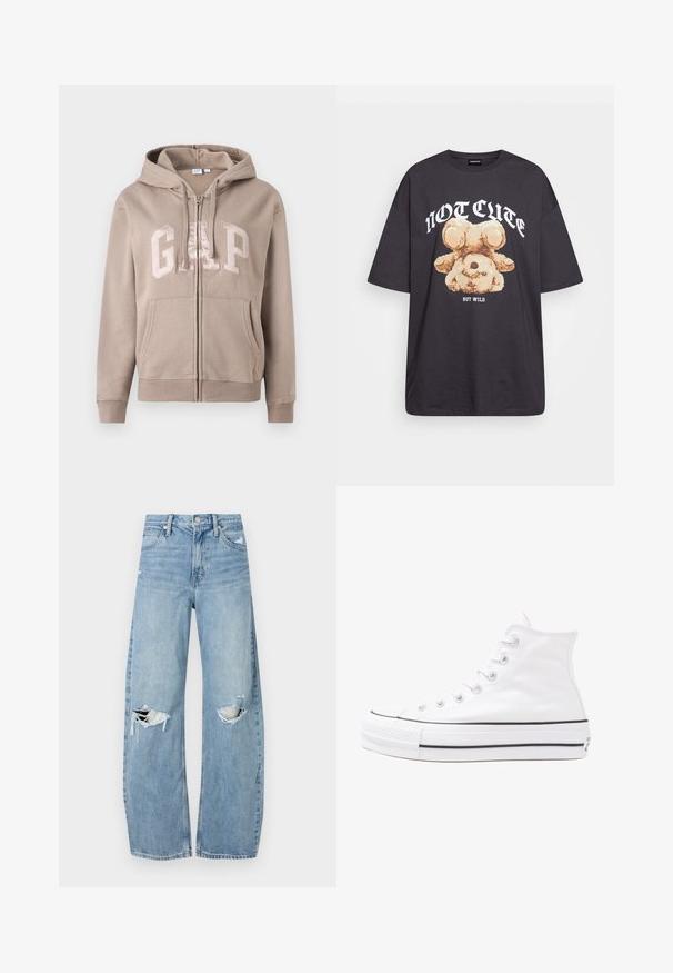 Világos bézs színű, cipzáros kapucnis pulóver, puha anyagból készült, nagyméretű "GAP" logóval a világosabb bézs árnyalatban, elöl zsebével és állítható kapucnival.; Fekete, oversized póló, rajta egy medvével és a "NEM CUKI, HANEM FÉKTELEN" felirattal vastag, fehér betűkkel. Pamut anyag.; Világoskék, magas derekú farmernadrág. Széles lábakkal, két szakadt térddel és klasszikus öt zsebes dizájnnal rendelkezik.; Fehér magaskorsó vászon sportcipő fekete gumi talppal, elülső gumi orrnyereggel és hat fűzőlyukkal, letisztult, minimalista dizájnnal.